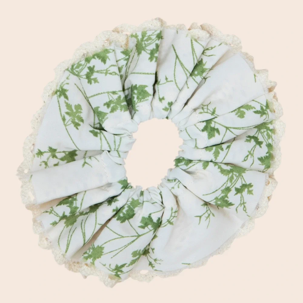 Kids Floral Scrunchie with Crochet Lace Trim Green White Cottagecore Hair Tie
